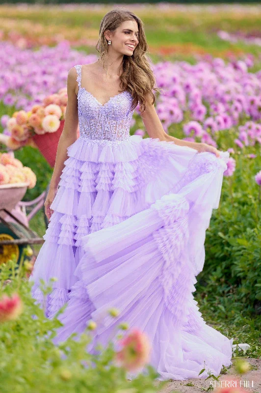 Vintage-Inspired Women's Clothes Sherri Hill 56019 - Tulle Ruffle Gown