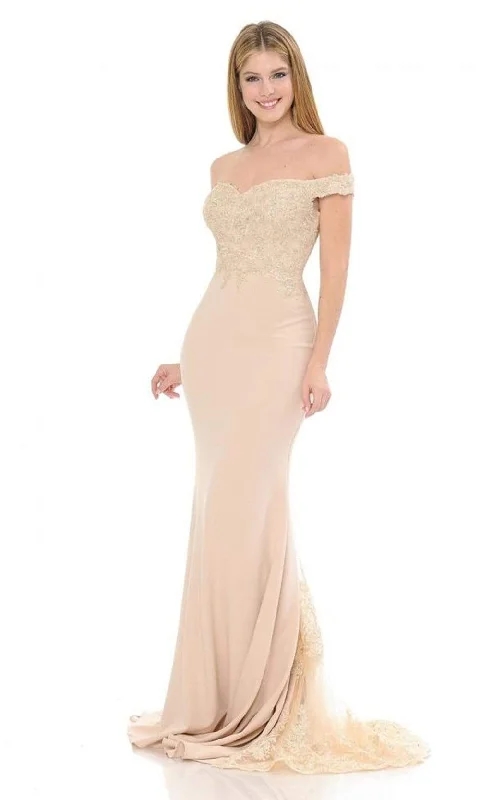 Winter Wardrobe Clearance Lenovia - Lace Embellished Off Shoulder Crepe Trumpet Gown 8134SC Winter Wardrobe Clearance Lenovia - Lace Embellished Off Shoulder Crepe Trumpet Gown 8134SC