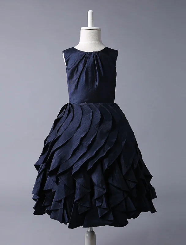 Navy Blue Taffeta flower girl dress With Ruffle Skirt Limited - Stock