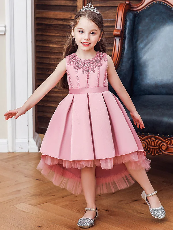 Pink Jewel Neck Sleeveless A-Line Bows Flowers Polyester Cotton Tulle Polyester Formal Kids Pageant flower girl dresses Graceful Movement