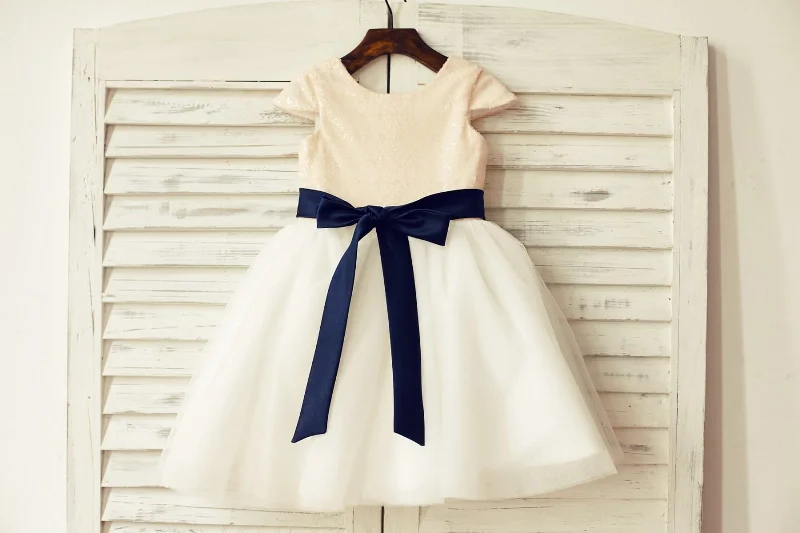 Cap Sleeves Blush/Gold/Champagne/Navy Sequin Ivory Tulle Flower Girl Dress Flash Deals