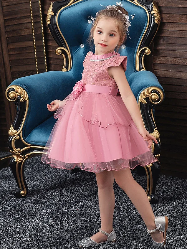 Jewel Neck Polyester Cotton Sleeveless Short Princess Beaded Kids Party Dresses Feminine Soft - Hued Styles