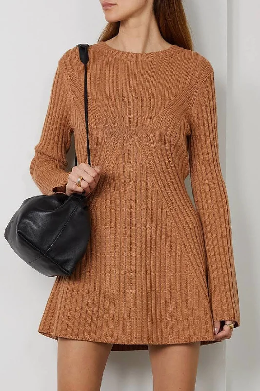 Simple Ribbed Knit Crew Neck Long Sleeve Winter Sweater Mini Dress - Brown Effortless Sophistication