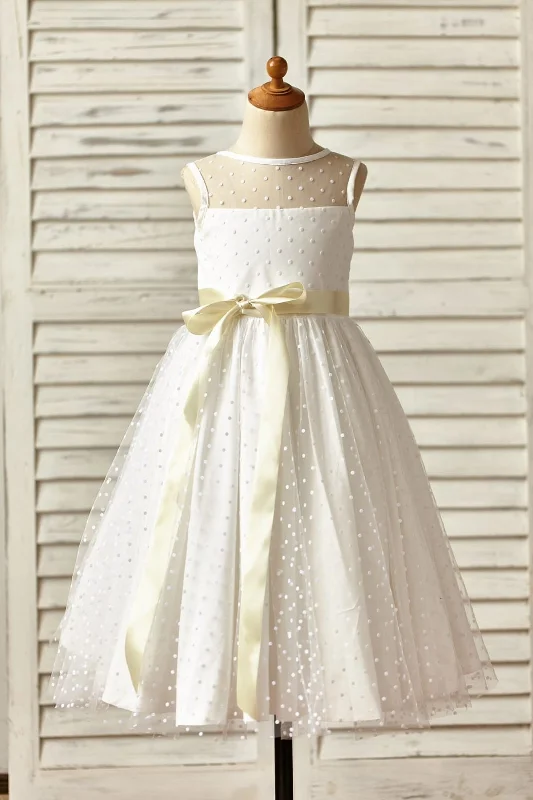 Sheer Neck Polka Dot Tulle Flower Girl Dress, Champagne Sash Beat The Heat In Tropical Styles