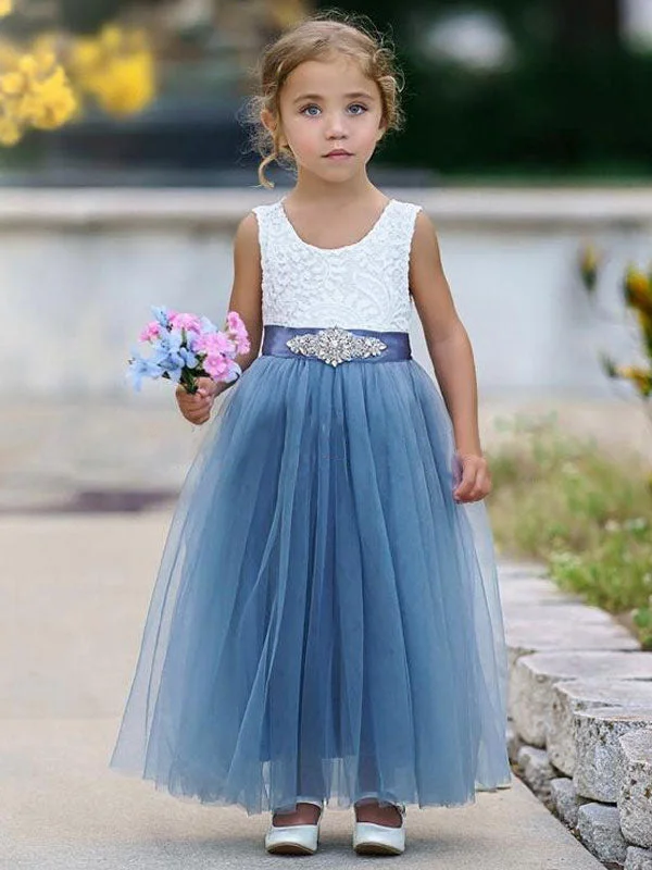 Blue Jewel Neck Sleeveless Sash Kids Party Dresses Father'S Day Deals