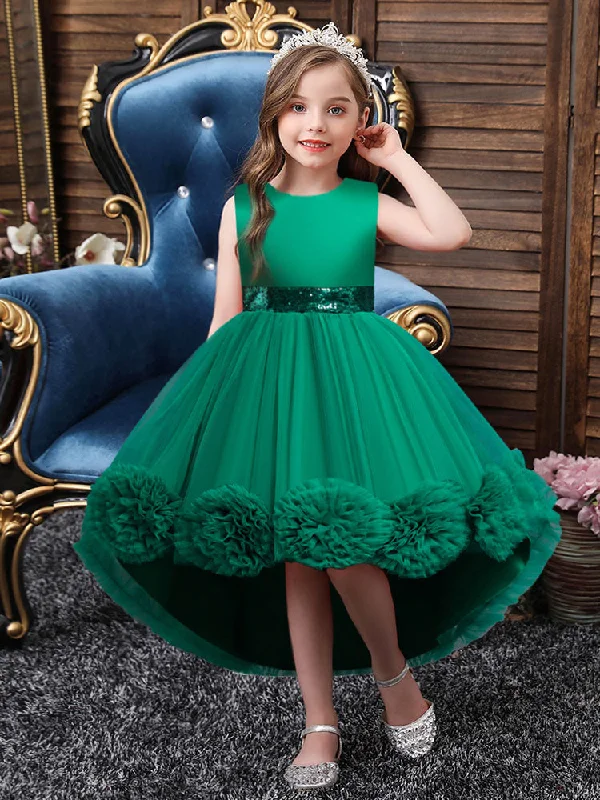 Green Jewel Neck Sleeveless Bows Tulle Cotton Sequined Kids Party Dresses Wardrobe Essentials