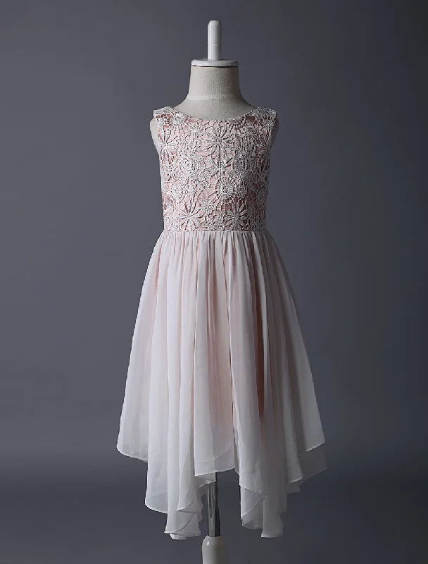 Blush Pink Flower Girl Boho Dress Tea Length Lace Chiffon Irregular Design Kids Party Dresses Playful Elegance