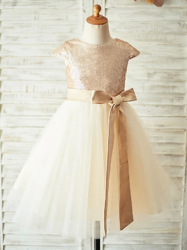 Champagne Jewel Neck Short Sleeves Sash Kids Party Dresses Early Access To Art Deco Styles Sale