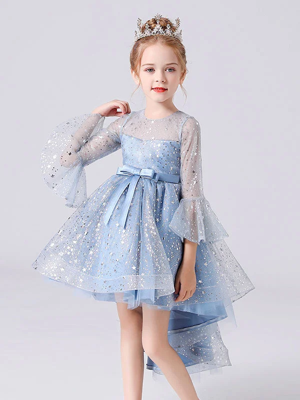 Blue Jewel Neck 3/4 Length Sleeves Bows Formal Kids Pageant flower girl dresses First Order Discount