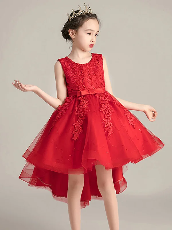 Jewel Neck Lace Sleeveless Short A-Line Bows Red Kids Social Party Dresses Limited - Stock