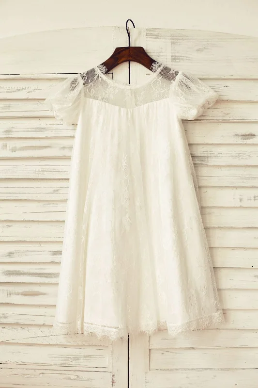 Short Puffy Sleeves Ivory Eyelash Lace Flower Girl Dress Wardrobe Update