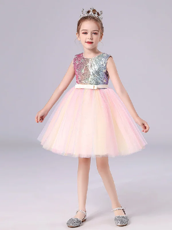 Pink Jewel Neck Polyester Sleeveless Short A-Line Tulle Sequins Kids Party Dresses Feminine Soft - Hued Look