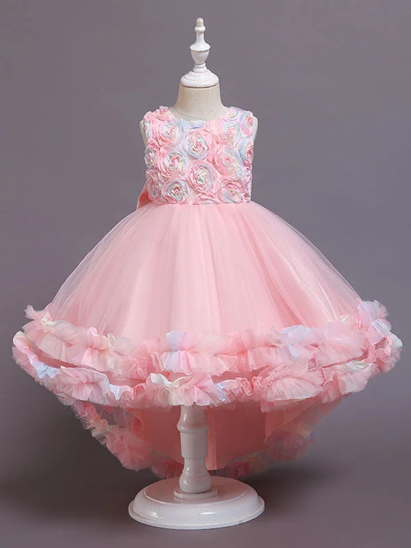 Pink Jewel Neck Tulle Sleeveless With Train A-Line Bows Formal Kids Pageant flower girl dresses Playful Elegance