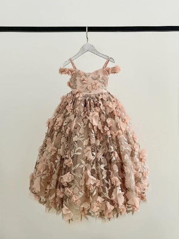 3D Floral Pink Lace Tulle Long Wedding Flower Girl Dress Couture Gown Cottagecore Rustic Charm Style