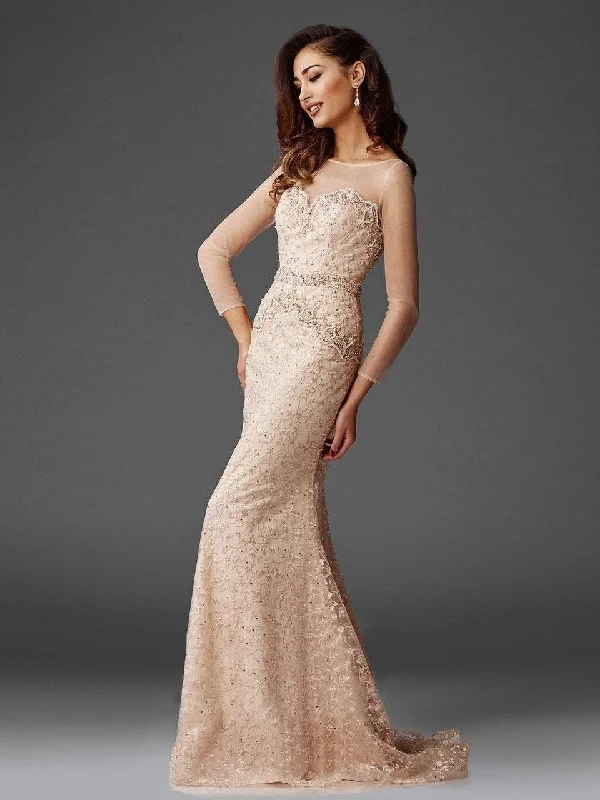 Women's Chic Outfit Clarisse - Illusion Long Sleeve Embroidered Lace Gown M6427