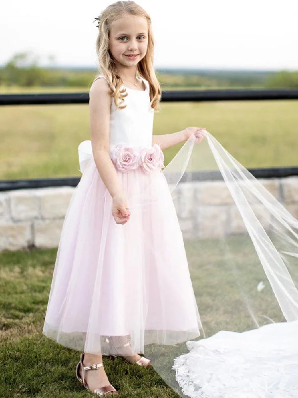 Satin Jewel Neck Sleeveless Flowers Ankle Length Sash Kids Party Dresses Beat The Heat In Tropical Styles