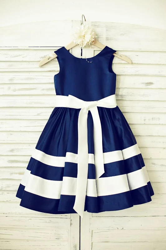 Navy Blue Satin Ivory Stripes Flower Girl Dress, Belt Special Offer