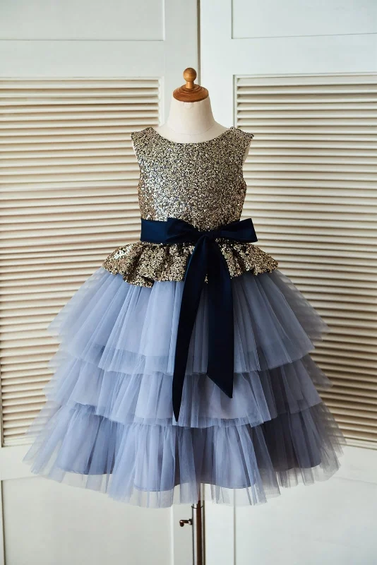 Gold Sequin Dusty Blue Cupcake Tulle Wedding Flower Girl Dress, Belt First Order Discount