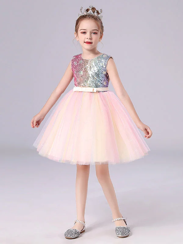 Pink Jewel Neck Sleeveless Bows Kids Social Party Dresses Sequined Tulle Short Dress Anniversary Sale