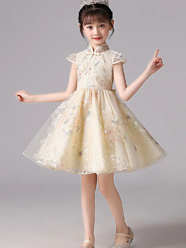 Champagne Designed Neckline Short Sleeves Bows Short Kids Party Dresses Ethnic Cultural Event Wear