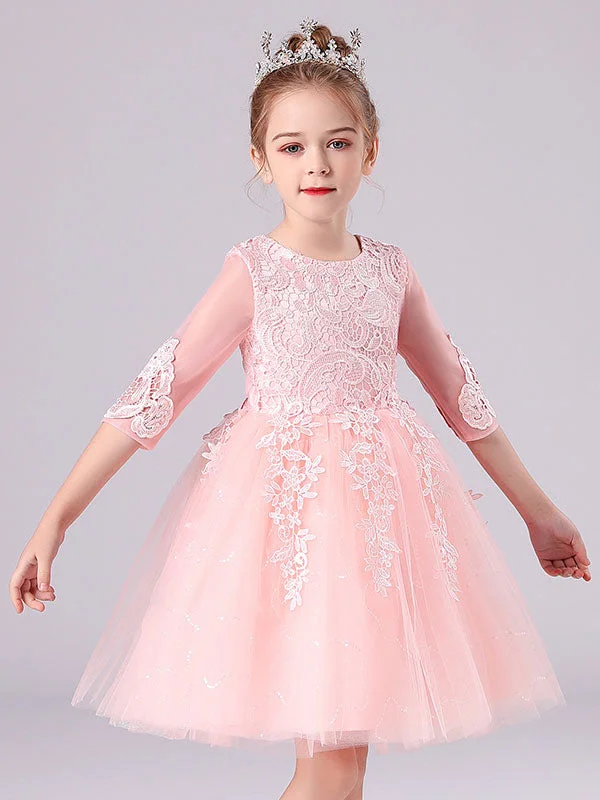 Pink Jewel Neck Lace Half Sleeves Short Princess Dress Kids Social Party Dresses Elegant Style