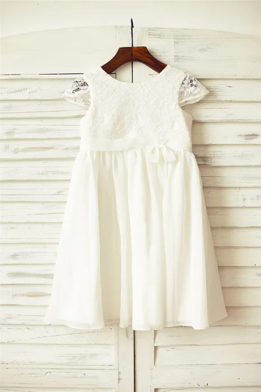 Ivory Lace Chiffon Cap Sleeves Flower Girl Dress Save On Classic Elegant Styles