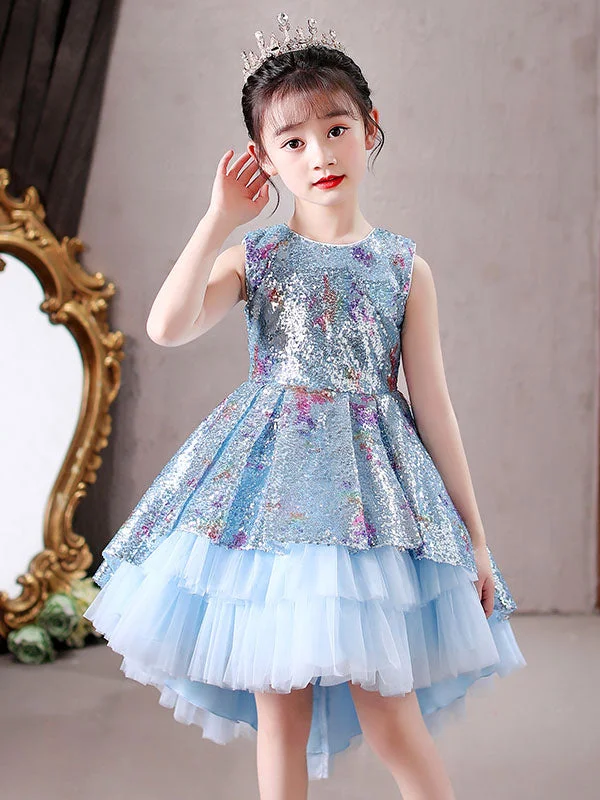 Blue Jewel Neck Sleeveless Bows Kids Social Party Dresses Princess Dress Special Offer