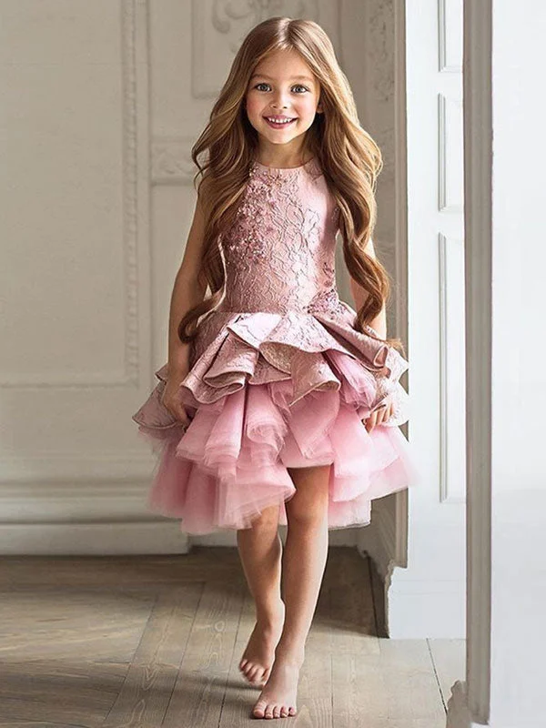 Jewel Neck Lace Sleeveless Short A-Line Applique Kids Social Party Dresses Limited Styles