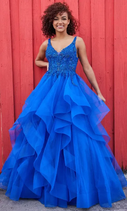 Women's Relaxed Outfit Ellie Wilde EW35119 - Ruffled Plunging V-Neck Ballgown