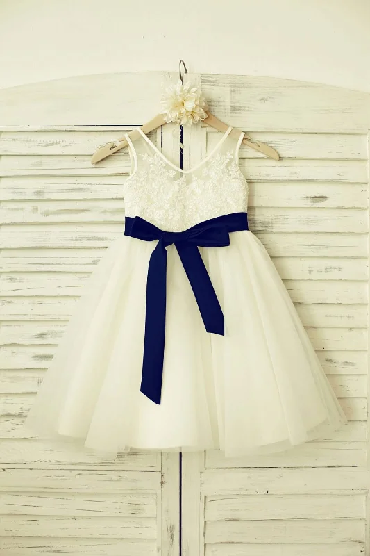 V Neck Ivory Lace Tulle Flower Girl Dress, Navy Blue Sash Fashion Sale