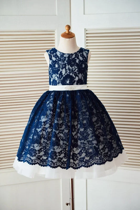 Princess Navy Blue Lace Ivory Tulle Wedding Flower Girl Dress Spring Wardrobe