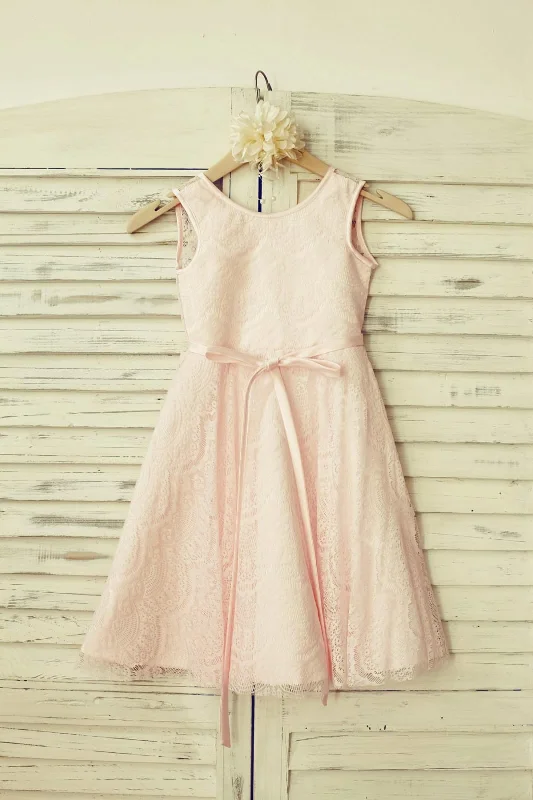 Blush Pink Lace V Back Flower Girl Dress, Belt Holiday Sale