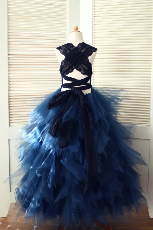 Backless Navy Blue Lace Ruffle Tulle Skirt Flower Girl Dress Limited Styles