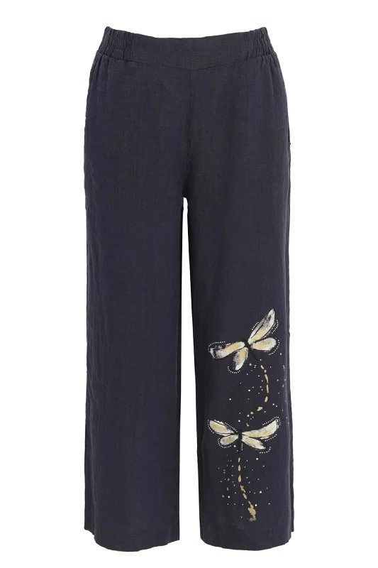 DARK NAVY CROP PANT WITH DRAGONFLIES Feminine Flow