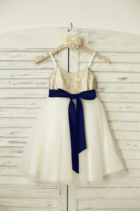 Thin Straps Champagne Sequin Tulle Flower Girl Dress, Navy Blue Belt Special Occasion Wear