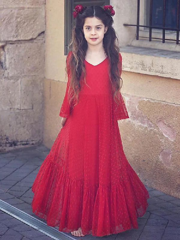 Red V-Neck Polyester Long Sleeves Ankle-Length A-Line Lace Formal Kids Pageant flower girl dresses Spring Wardrobe