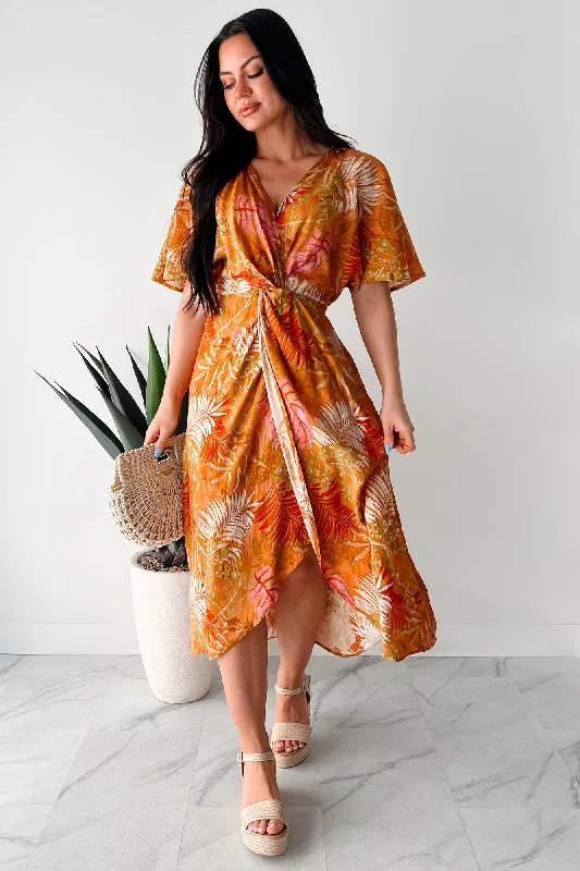 Slow Down & Smell The Roses Tropical Print Midi Dress (Mustard/Multi) Feminine Grace