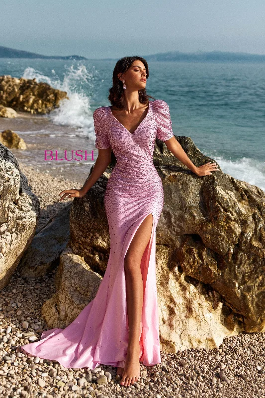 Boutique Dress Online Blush by Alexia Designs 12120 - Puff Sleeve Beaded Prom Gown