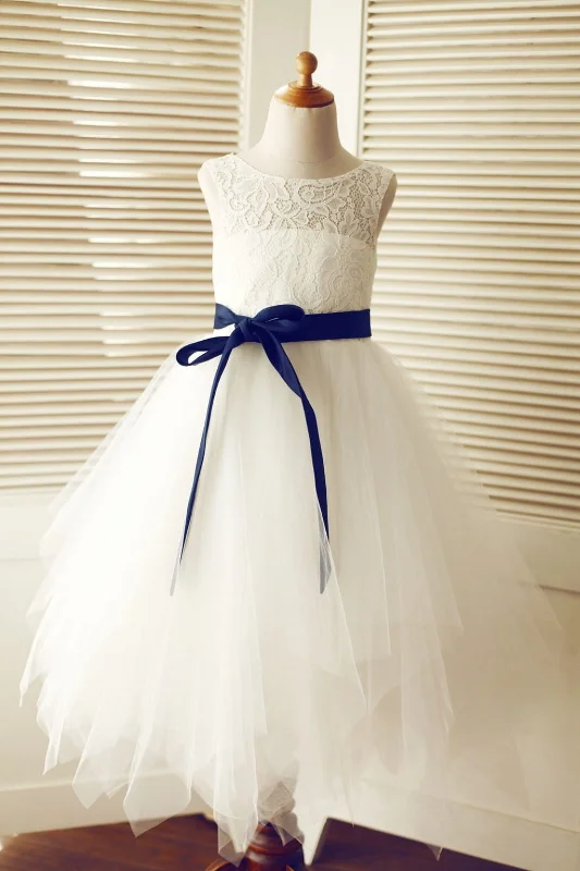 Keyhole Back Ivory Lace Tulle Wedding Flower Girl Dress, Navy Blue Sash Classic Charm