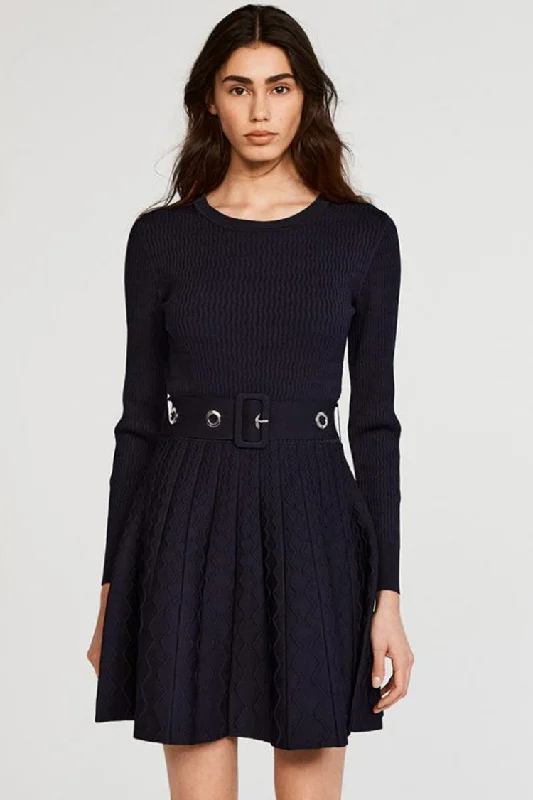 Long Sleeve Ribbed Sweater Winter Skater Mini Dress - Navy Blue Fashion-Forward Style