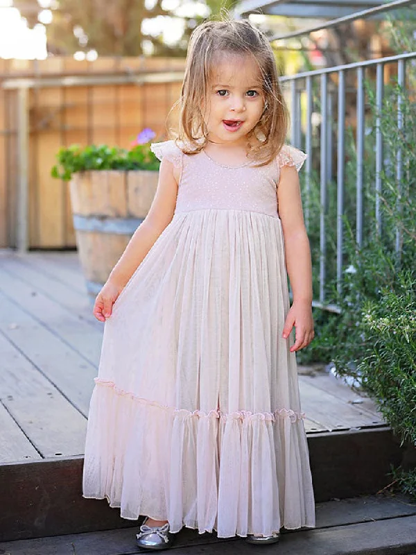 Light Pink Jewel Neck Sleeveless Ankle-Length A-Line Lace Kids Party Dresses Dreamy Draping