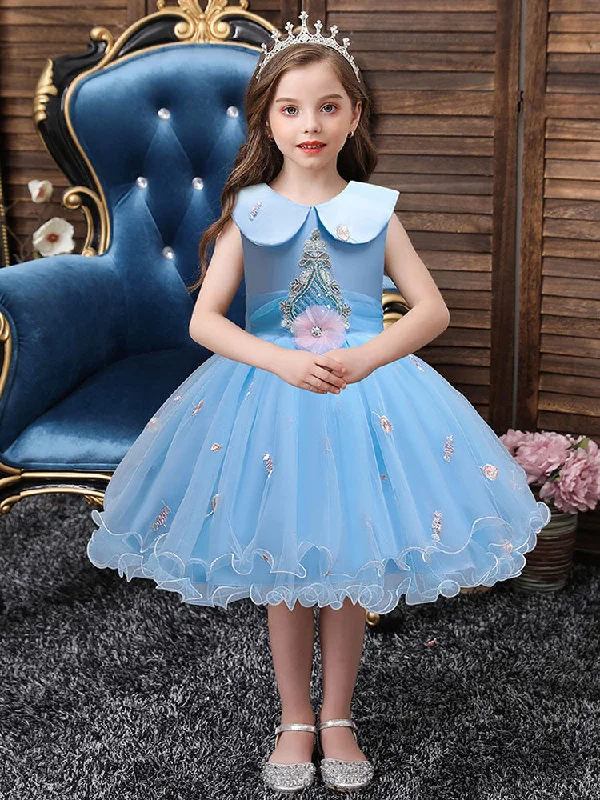 Blue Jewel Neck Sleeveless Bows Tulle Polyester Cotton Flowers Kids Social Party Dresses Effortless Sophistication