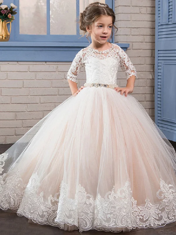 Jewel Neck Lace Long Sleeves Floor-Length Princess Embroidered Formal Kids Pageant flower girl dresses Big Savings On Minimalist Office Styles