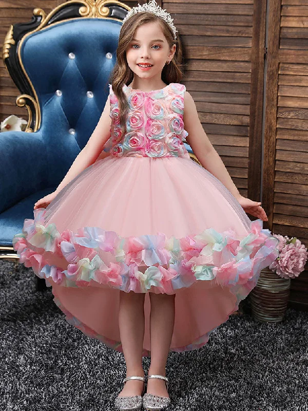 Pink Jewel Neck Sleeveless Bows Flowers Tulle Polyester Cotton Formal Kids Pageant flower girl dresses Weekend Special