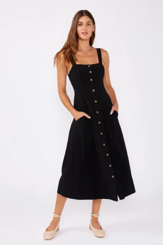 Carolyn Sleeveless Linen Button Down Front Midi Dress Black Coastal Beach - Inspired Style