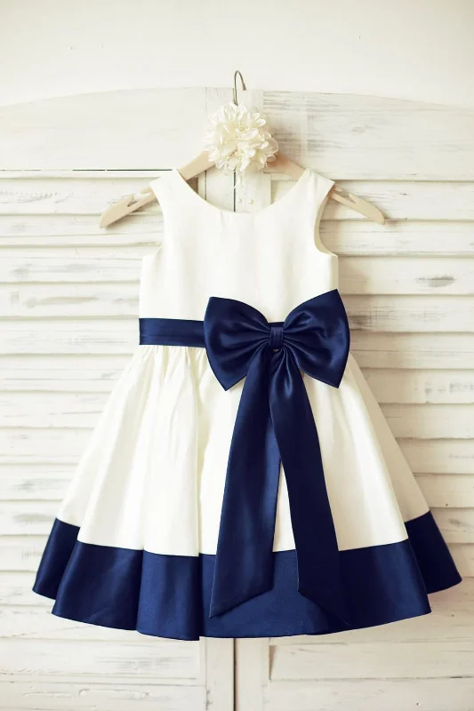 Ivory Satin Flower Girl Dress, Navy Blue Belt / Bow Winter Warm - Up Sale