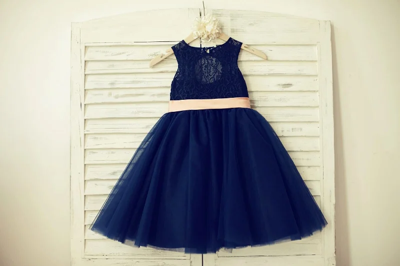 Navy Blue/Gray Lace Tulle Keyhole Back Flower Girl Dress Clearance Event