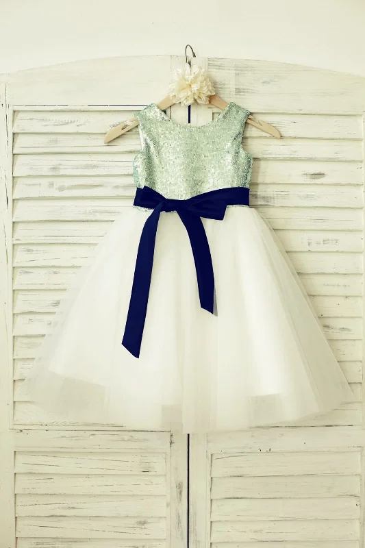 Mint\Pink/Navy/Gold/Royal Sequin Ivory Tulle Flower Girl Dress, Sash Spring Fling Sale