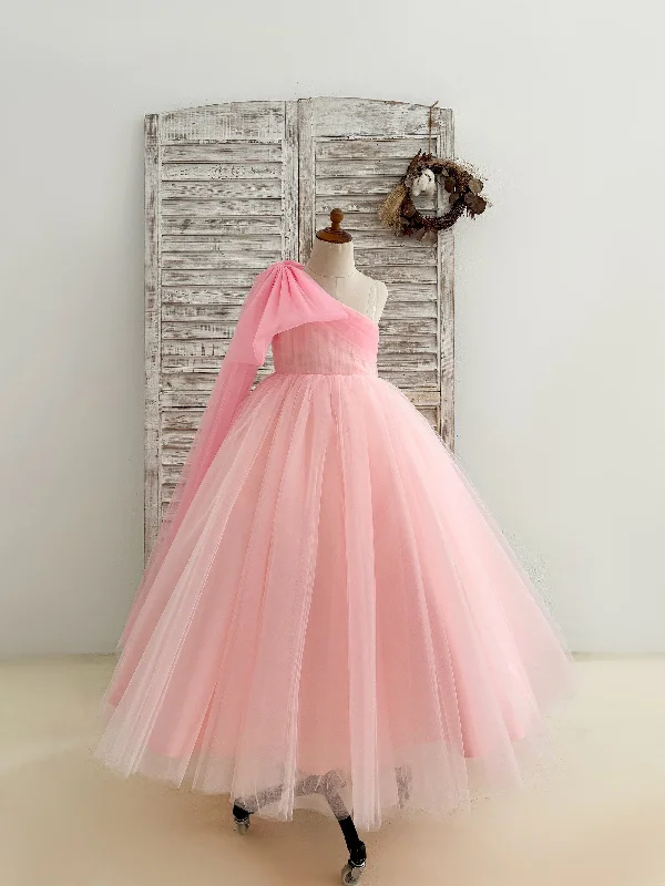 Ball Gown One Shoulder Draping Pink Tulle Wedding Flower Girl Dress Boho - Chic Festival - Ready Style