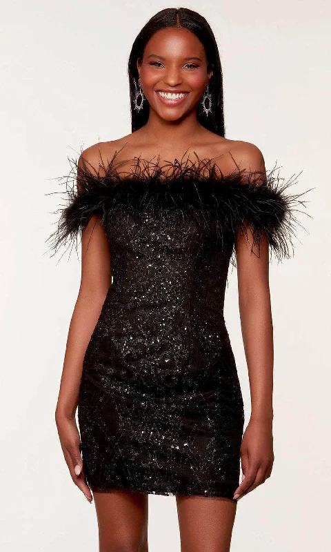 Timeless Women's Garments Alyce Paris 4649 - Feather Detail Off-Shoulder Dress